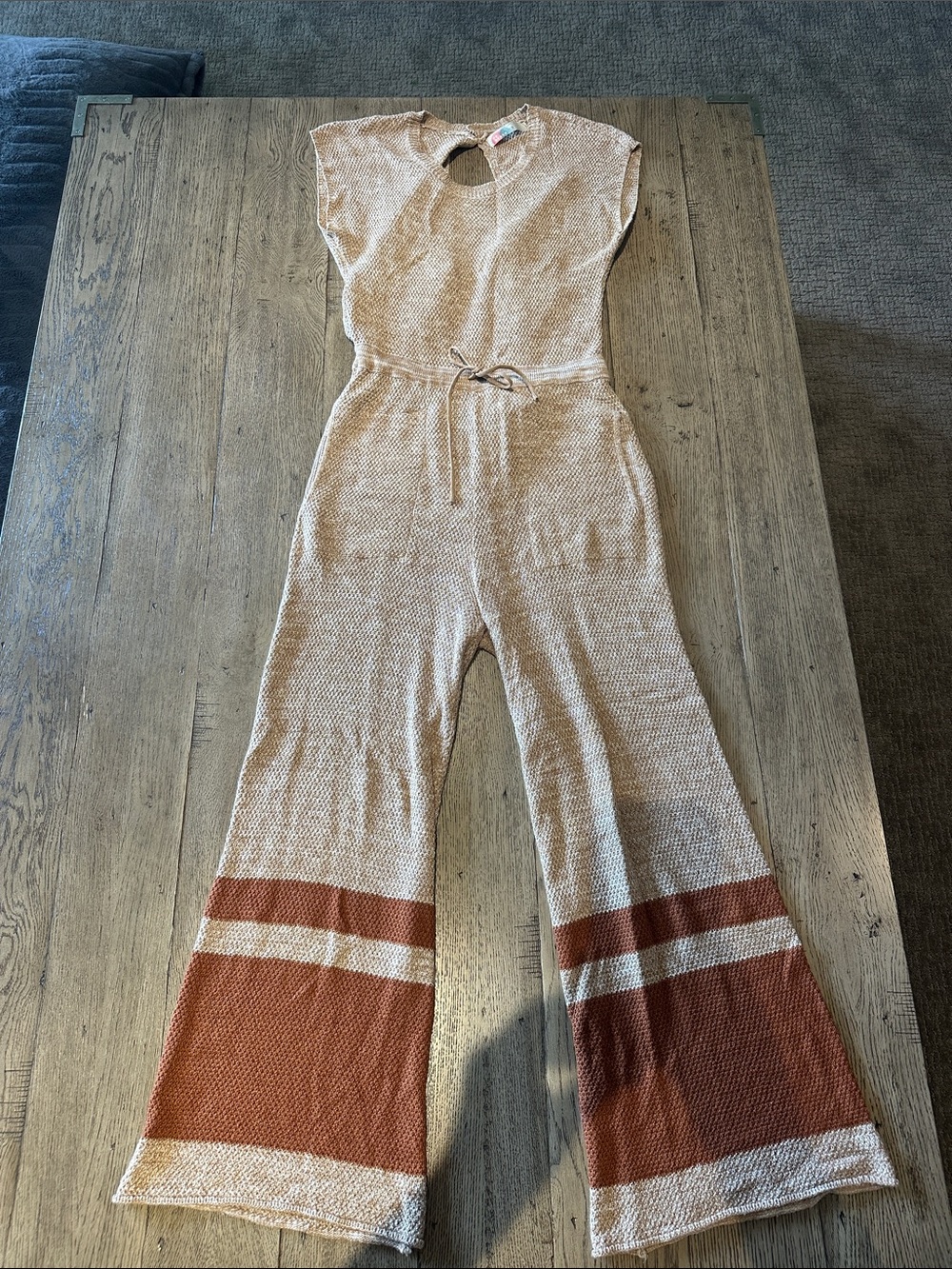 Free People Beige Knit Jumpsuit with Rust Stripe Hem